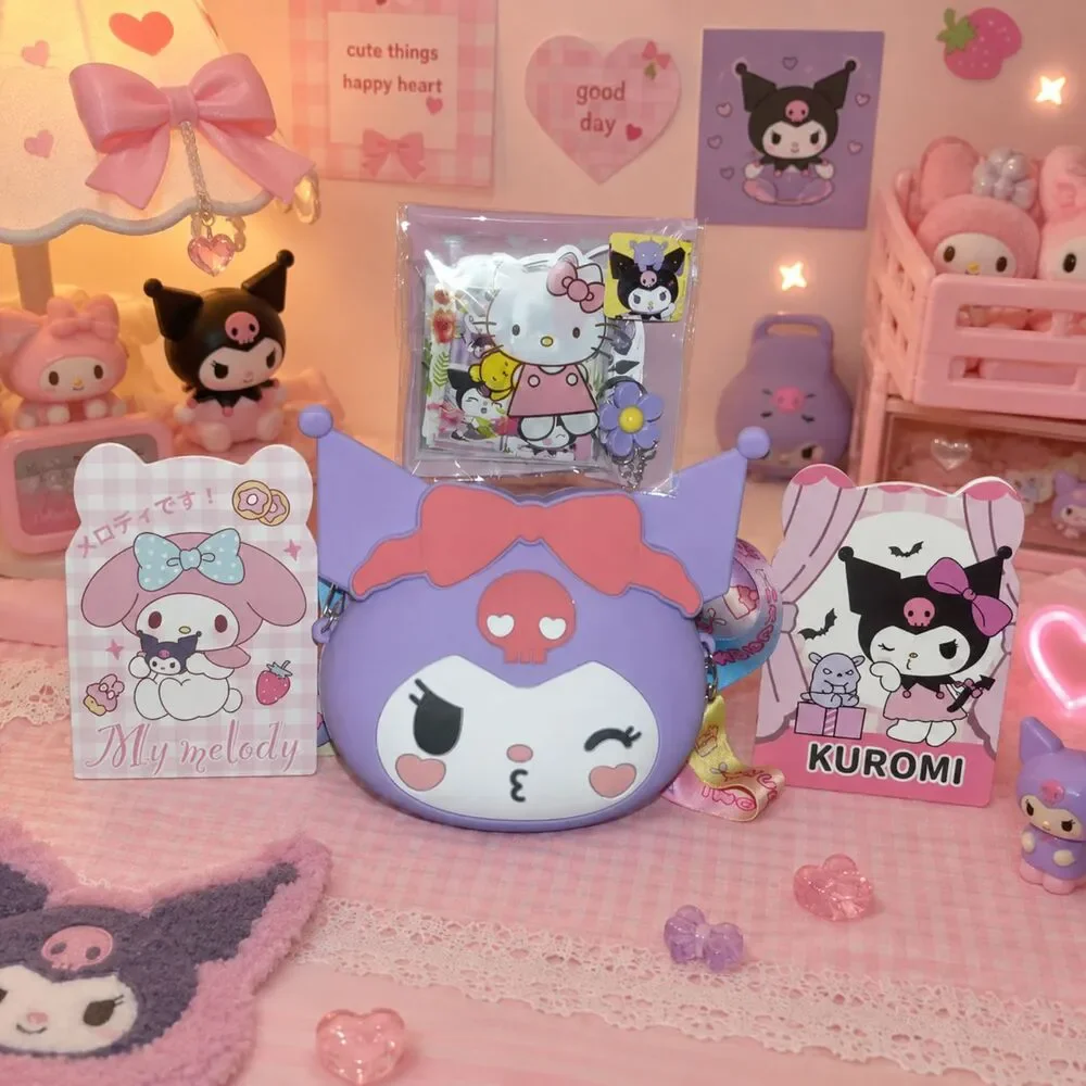 Purple Kuromi Kawaii Kissy Face Mini Crossbody Bag Cute Gift Idea Set Bundle